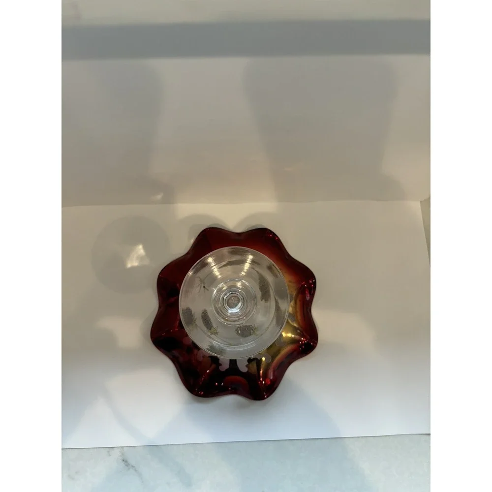 Czech‎ Bohemian Cranberry And Gold Ruffle Compote